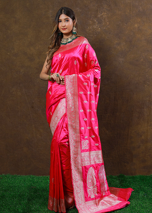Hot Pink Katan Silk Saree — Kadwa Booti