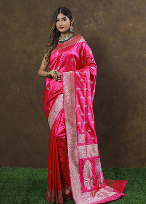 Hot Pink Katan Silk Saree — Kadwa Booti