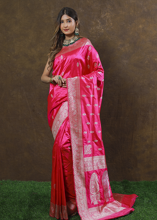 Hot Pink Katan Silk Saree — Kadwa Booti