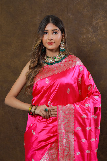 Pink Handwoven Kadwa Katan Silk Saree - Panaya 