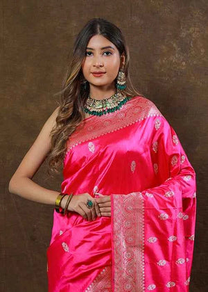 Hot Pink Katan Silk Saree — Kadwa Booti