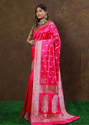 Hot Pink Katan Silk Saree — Kadwa Booti