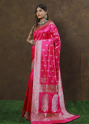 Hot Pink Katan Silk Saree — Kadwa Booti