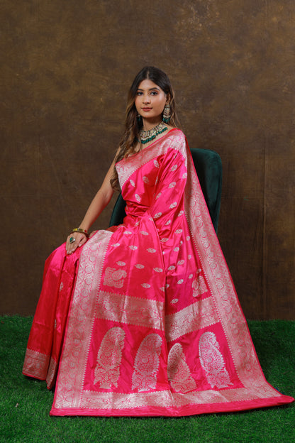 Pink Handwoven Kadwa Katan Silk Saree - Panaya 