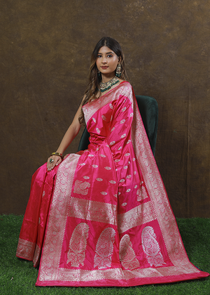 Hot Pink Katan Silk Saree — Kadwa Booti