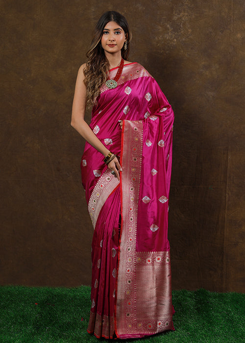 Dark Pink Katan Silk Saree — Kadwa Boota