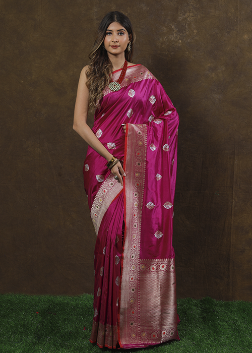 Dark Pink Katan Silk Saree — Kadwa Boota