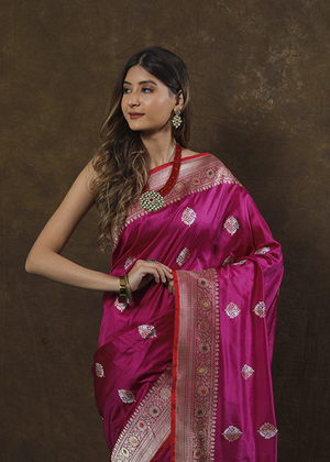 Dark Pink Katan Silk Saree — Kadwa Boota
