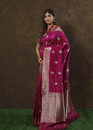 Dark Pink Katan Silk Saree — Kadwa Boota