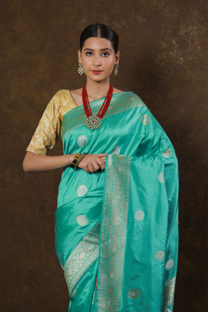 Light Green Handwoven Kadwa Katan Silk Saree - Panaya 
