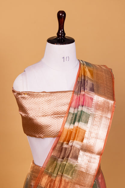 Peach Tissue Pure Silk Hand Brush Painted Saree - Panaya 