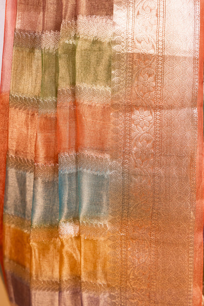 Peach Tissue Pure Silk Hand Brush Painted Saree - Panaya 