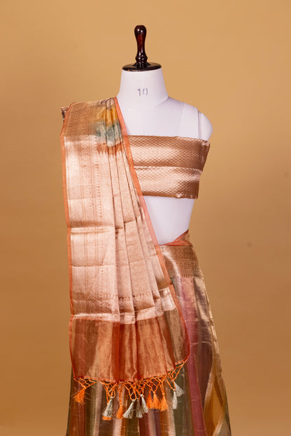 Peach Tissue Pure Silk Hand Brush Painted Saree - Panaya 