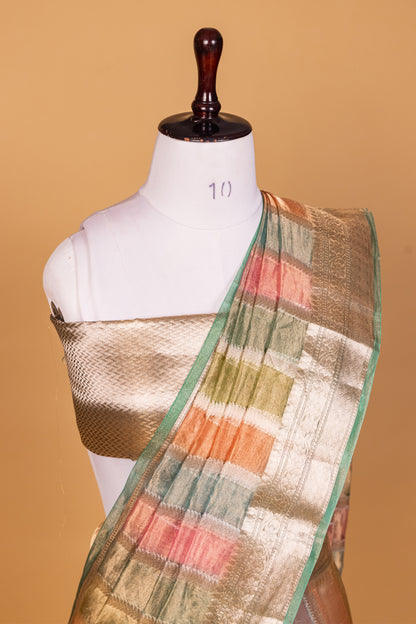 Green Tissue Pure Silk Hand Brush Painted Saree - Panaya 