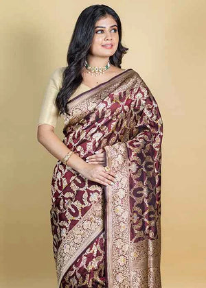 Dark Maroon Katan Silk Saree — Cut Work Booti
