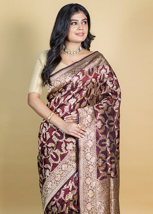 Dark Maroon Katan Silk Saree — Cut Work Booti