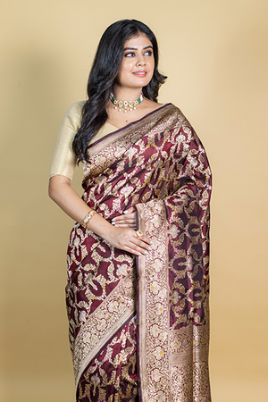 Dark Maroon Katan Silk Saree — Cut Work Booti