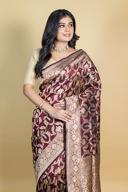Dark Maroon Katan Silk Saree — Cut Work Booti