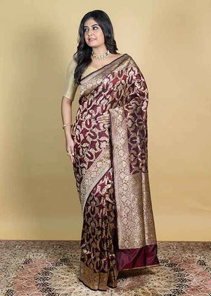 Dark Maroon Katan Silk Saree — Cut Work Booti