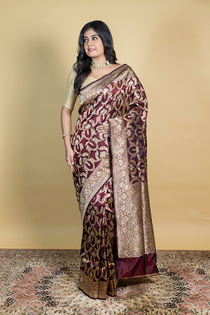 Dark Maroon Katan Silk Saree — Cut Work Booti