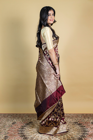 Dark Maroon Katan Silk Saree — Cut Work Booti