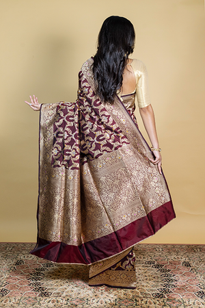 Dark Maroon Katan Silk Saree — Cut Work Booti