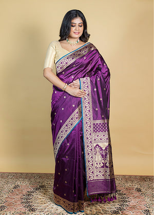 Wine Katan Silk Saree — Kadwa Booti