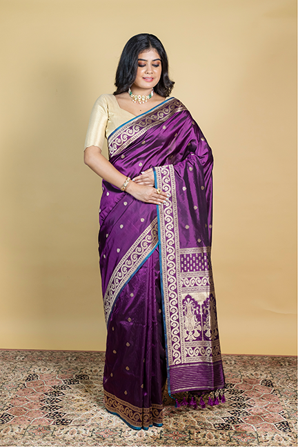 Wine Katan Silk Saree — Kadwa Darbar Booti