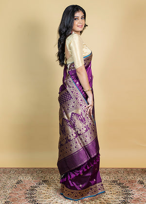 Wine Katan Silk Saree — Kadwa Booti