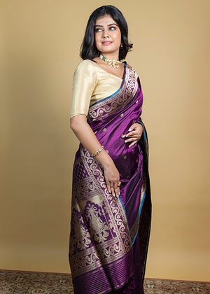 Wine Katan Silk Saree — Kadwa Booti