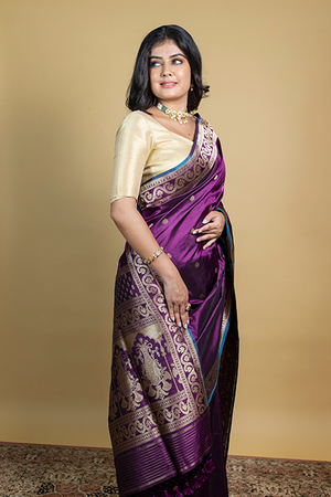 Wine Katan Silk Saree — Kadwa Darbar Booti