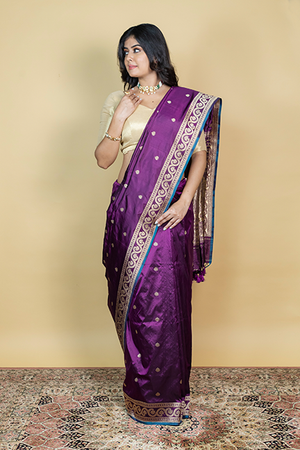 Wine Katan Silk Saree — Kadwa Darbar Booti
