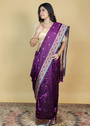 Wine Katan Silk Saree — Kadwa Booti
