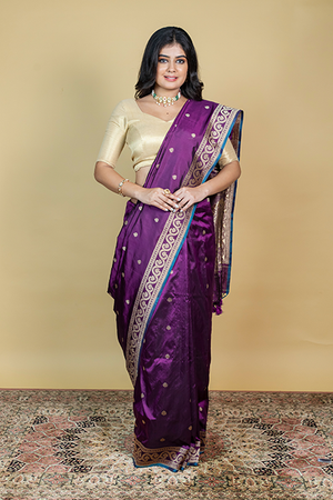 Wine Katan Silk Saree — Kadwa Darbar Booti