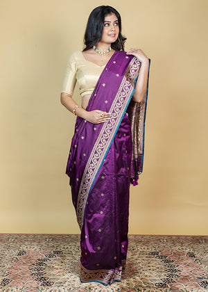 Wine Katan Silk Saree — Kadwa Booti