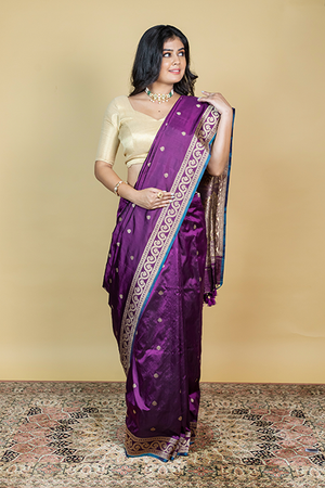 Wine Katan Silk Saree — Kadwa Darbar Booti