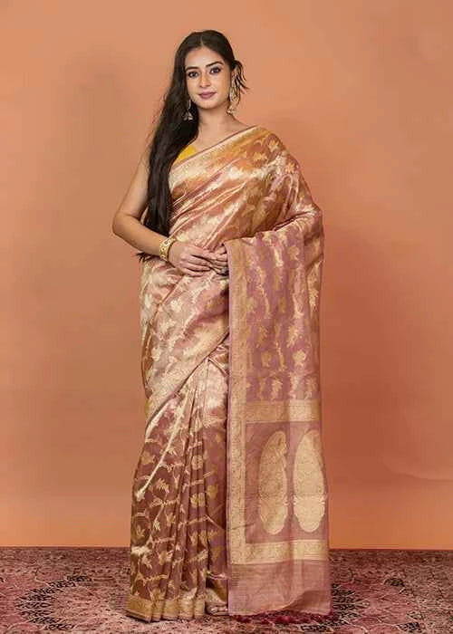 Onion Pink Tissue Silk Saree — Kadwa Jaal