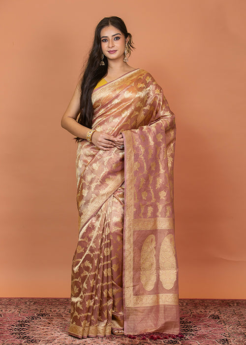 Onion Pink Tissue Silk Saree — Kadwa Jaal