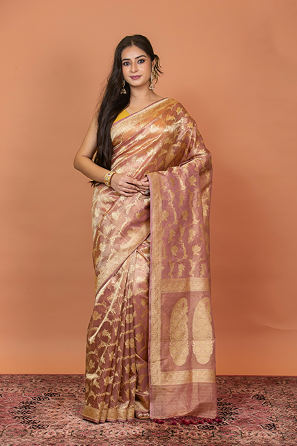 Onion Pink Tissue Silk Saree — Kadwa Jaal