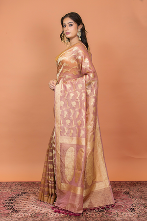 Onion Pink Tissue Silk Saree — Kadwa Jaal