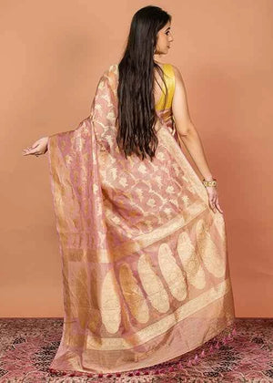 Onion Pink Tissue Silk Saree — Kadwa Jaal