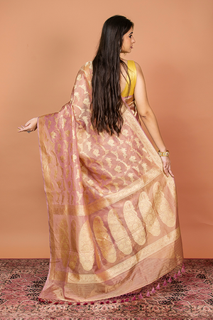 Onion Pink Tissue Silk Saree — Kadwa Jaal