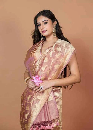 Onion Pink Tissue Silk Saree — Kadwa Jaal
