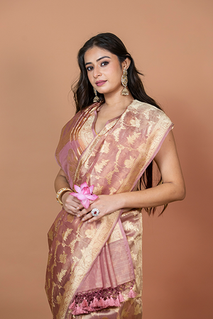 Onion Pink Tissue Silk Saree — Kadwa Jaal