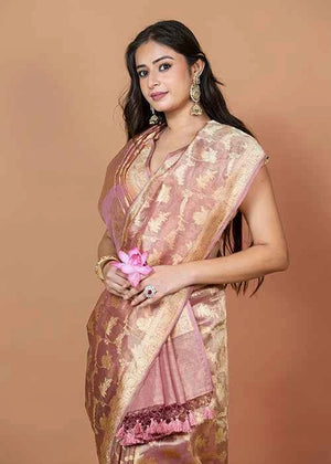 Onion Pink Tissue Silk Saree — Kadwa Jaal