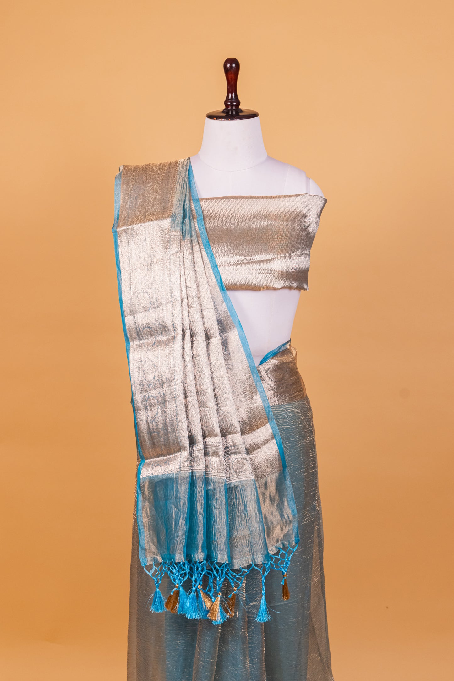 Turquoise blue Tissue Pure Silk Dyed Saree - Panaya 