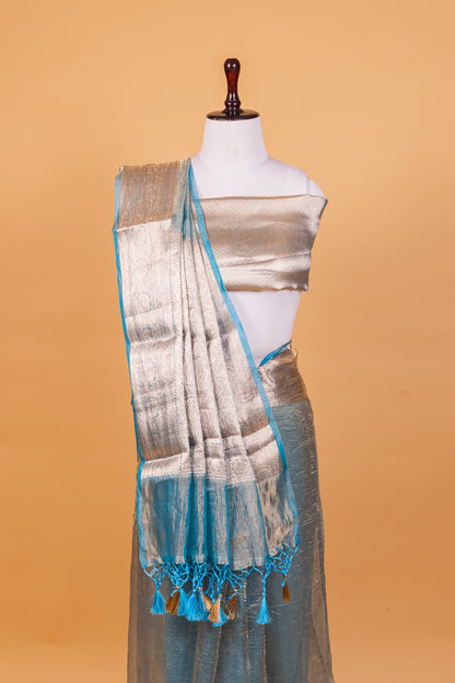 Turquoise blue Tissue Pure Silk Dyed Saree - Panaya 