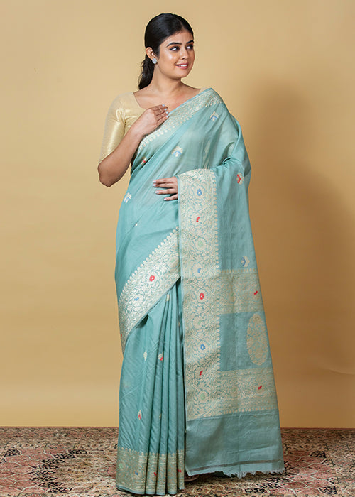 Powder Blue Kora Silk Saree — Kadwa Meena Booti