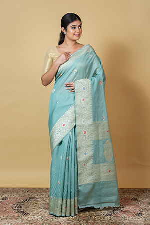 Powder Blue Kora Silk Saree — Kadwa Meena Booti