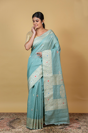 Powder Blue Kora Silk Saree — Kadwa Meena Booti
